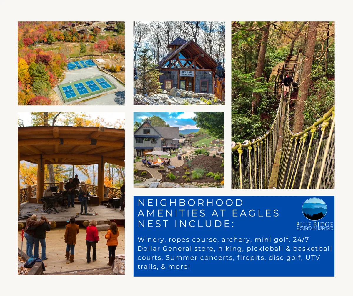 An expansive outdoor resort area with visible ropes course, archery zone, mini golf, and an outdoor stage set against scenic mountain views. Groups of people can be seen gathering for concert events or recreational activities, capturing the lively, amenity-rich community atmosphere.